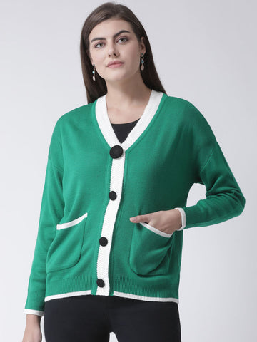 Green Solid V-Neck Cardigan With Front Pocket