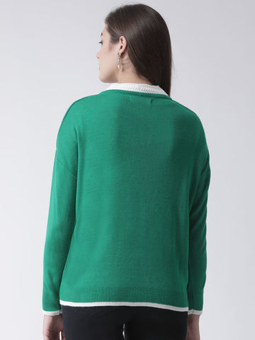 Green Solid V-Neck Cardigan With Front Pocket
