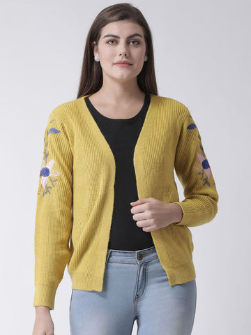 Yellow Front Open Cardigan With Embroidery