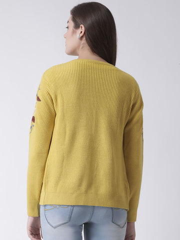 Yellow Front Open Cardigan With Embroidery