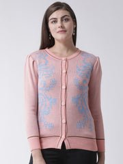 Peach Printed Round Neck Cardigan