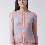 Peach Printed Round Neck Cardigan