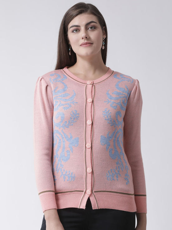Peach Printed Round Neck Cardigan