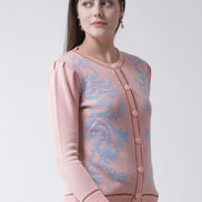 Peach Printed Round Neck Cardigan