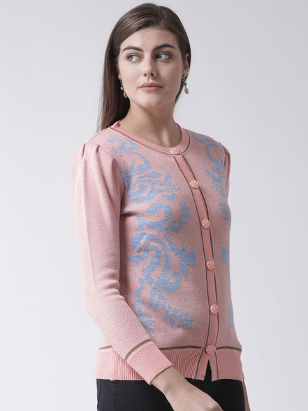 Peach Printed Round Neck Cardigan