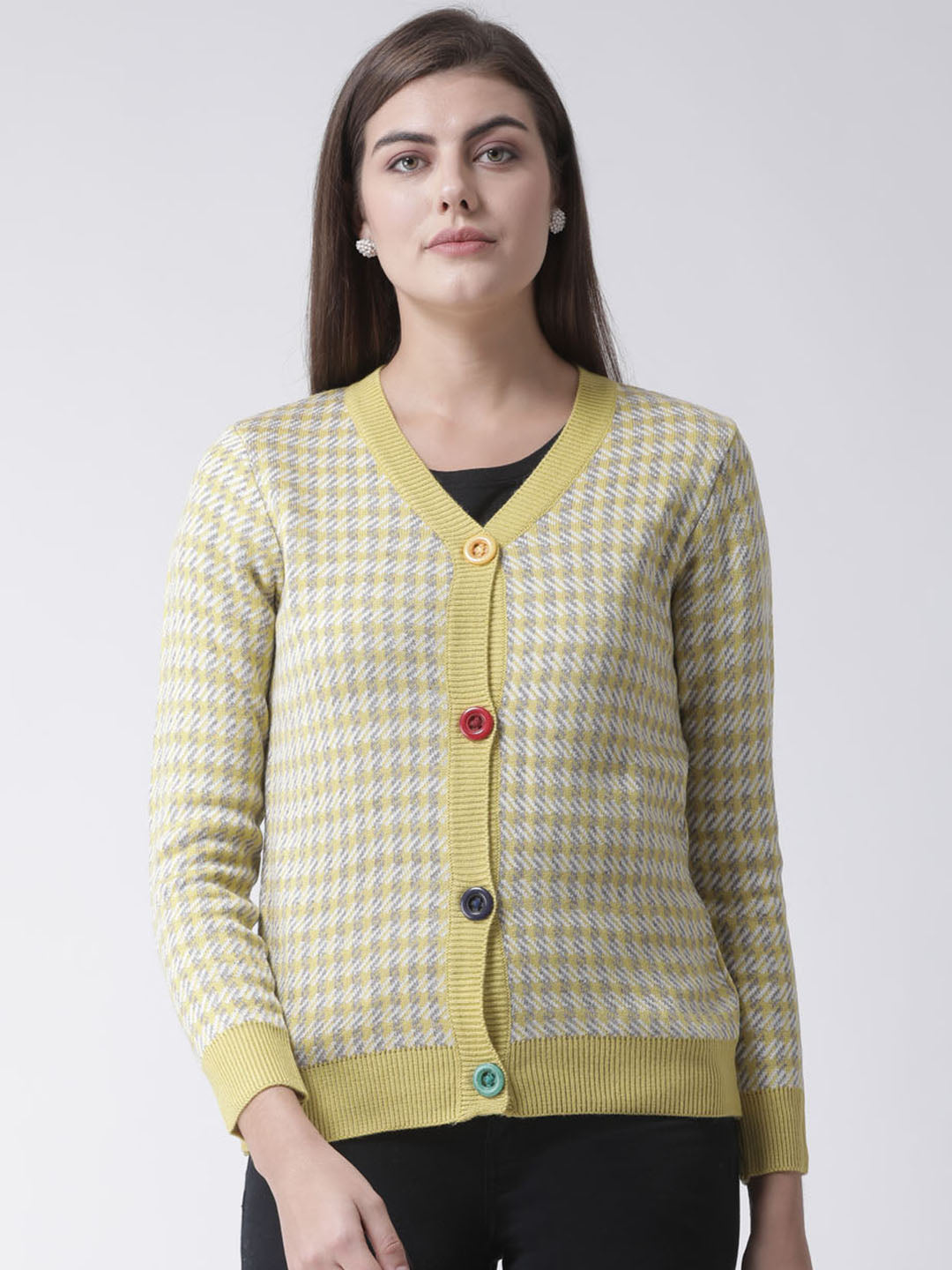 Yellow Checked V-Neck Cardigan