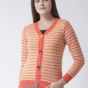 Orange Checked V-Neck Cardigan
