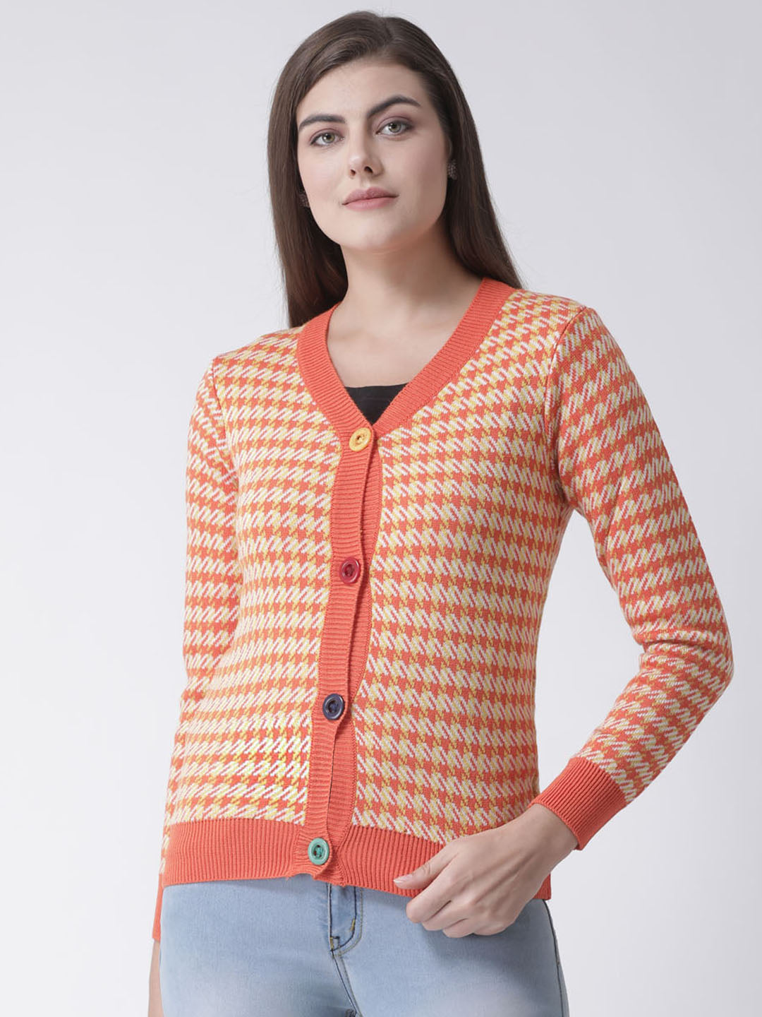 Orange Checked V-Neck Cardigan