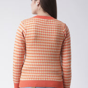 Orange Checked V-Neck Cardigan