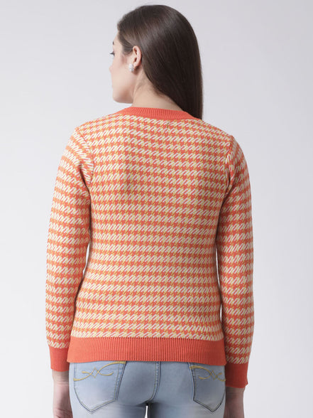 Orange Checked V-Neck Cardigan