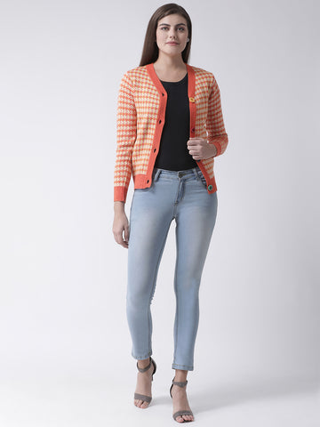 Orange Checked V-Neck Cardigan