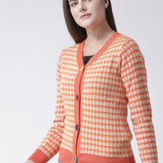 Orange Checked V-Neck Cardigan