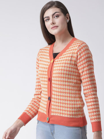 Orange Checked V-Neck Cardigan