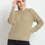Beige Ribbed Round Neck Sweater
