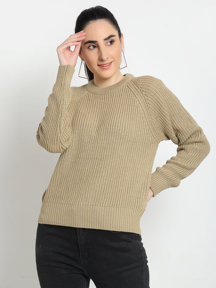 Beige Ribbed Round Neck Sweater