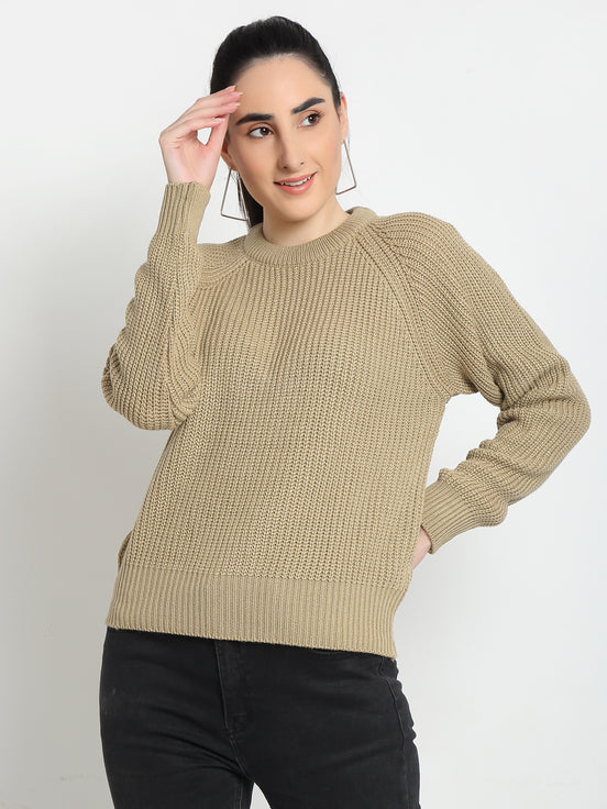 Beige Ribbed Round Neck Sweater