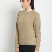 Beige Ribbed Round Neck Sweater