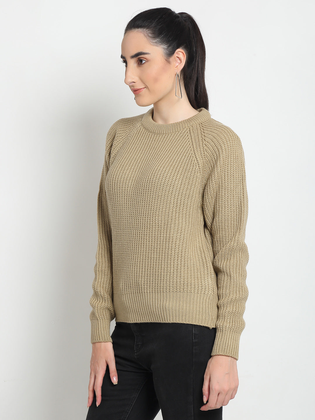 Beige Ribbed Round Neck Sweater