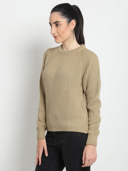 Beige Ribbed Round Neck Sweater