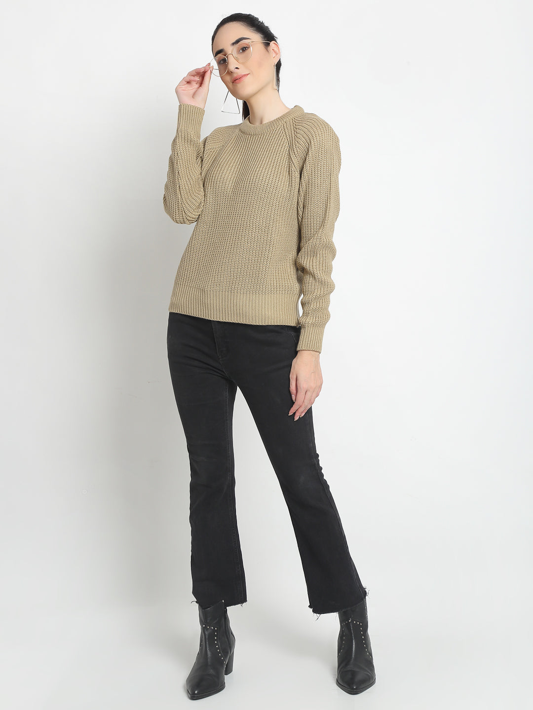 Beige Ribbed Round Neck Sweater
