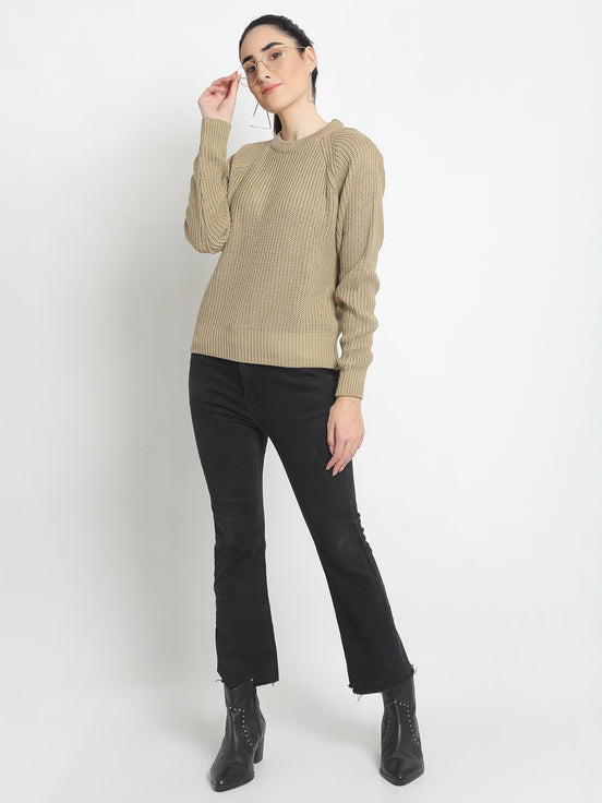Beige Ribbed Round Neck Sweater