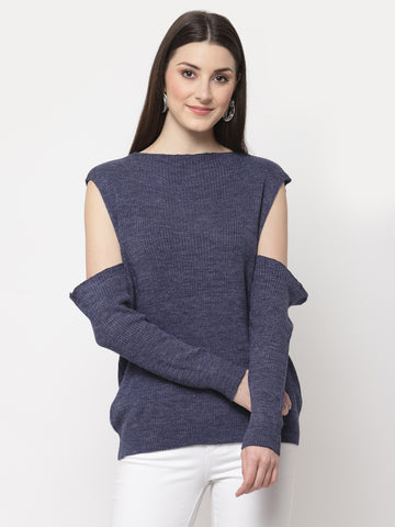 Blue Solid Drop Shoulder Pullover