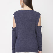 Blue Solid Drop Shoulder Pullover