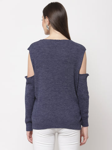 Blue Solid Drop Shoulder Pullover