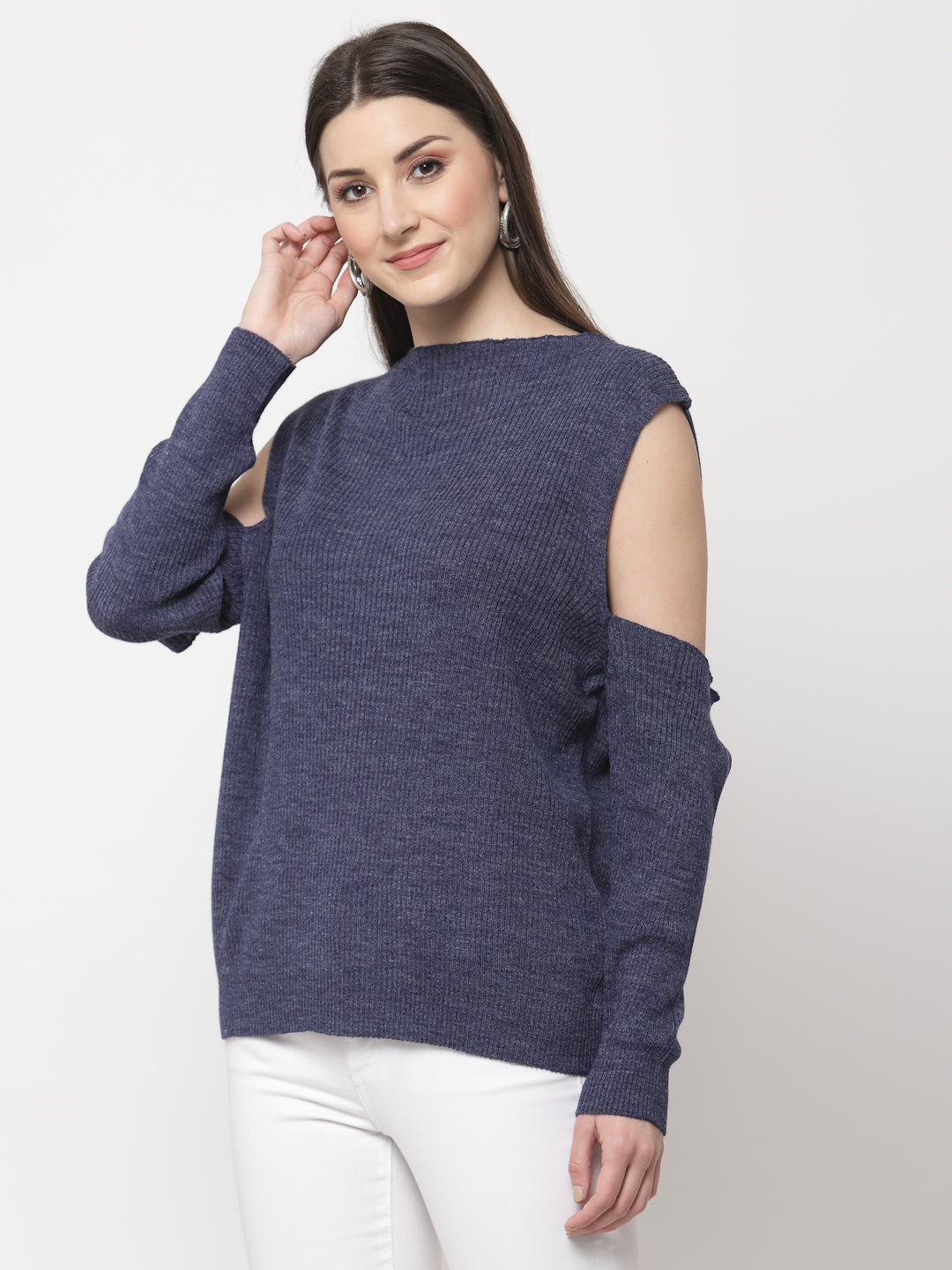 Blue Solid Drop Shoulder Pullover