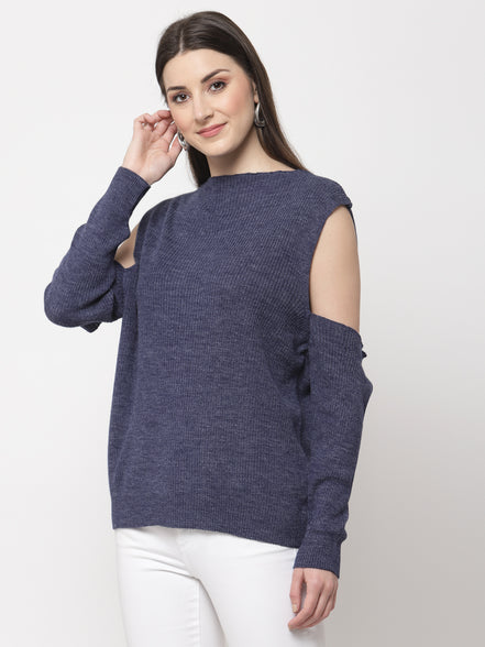 Blue Solid Drop Shoulder Pullover