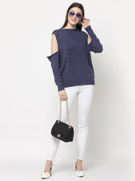Blue Solid Drop Shoulder Pullover