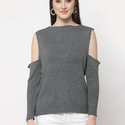 Grey Ribbed Cold Shoulder Sleeves Pullover