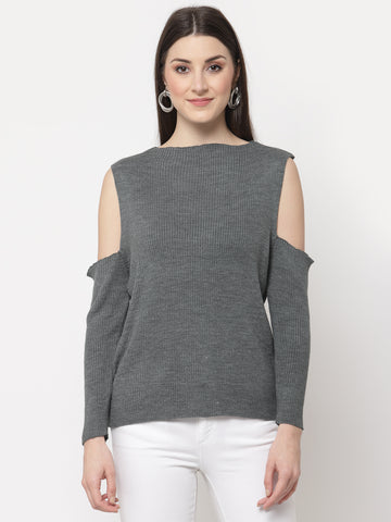 Grey Ribbed Cold Shoulder Sleeves Pullover