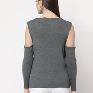 Grey Ribbed Cold Shoulder Sleeves Pullover