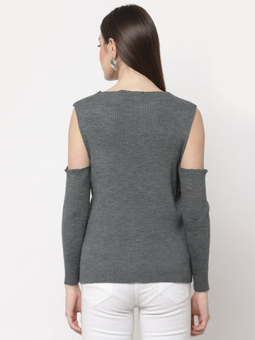 Grey Ribbed Cold Shoulder Sleeves Pullover