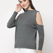 Grey Ribbed Cold Shoulder Sleeves Pullover