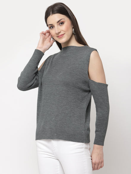 Grey Ribbed Cold Shoulder Sleeves Pullover