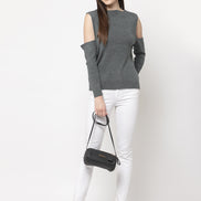 Grey Ribbed Cold Shoulder Sleeves Pullover