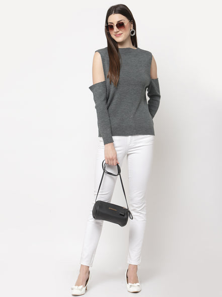 Grey Ribbed Cold Shoulder Sleeves Pullover