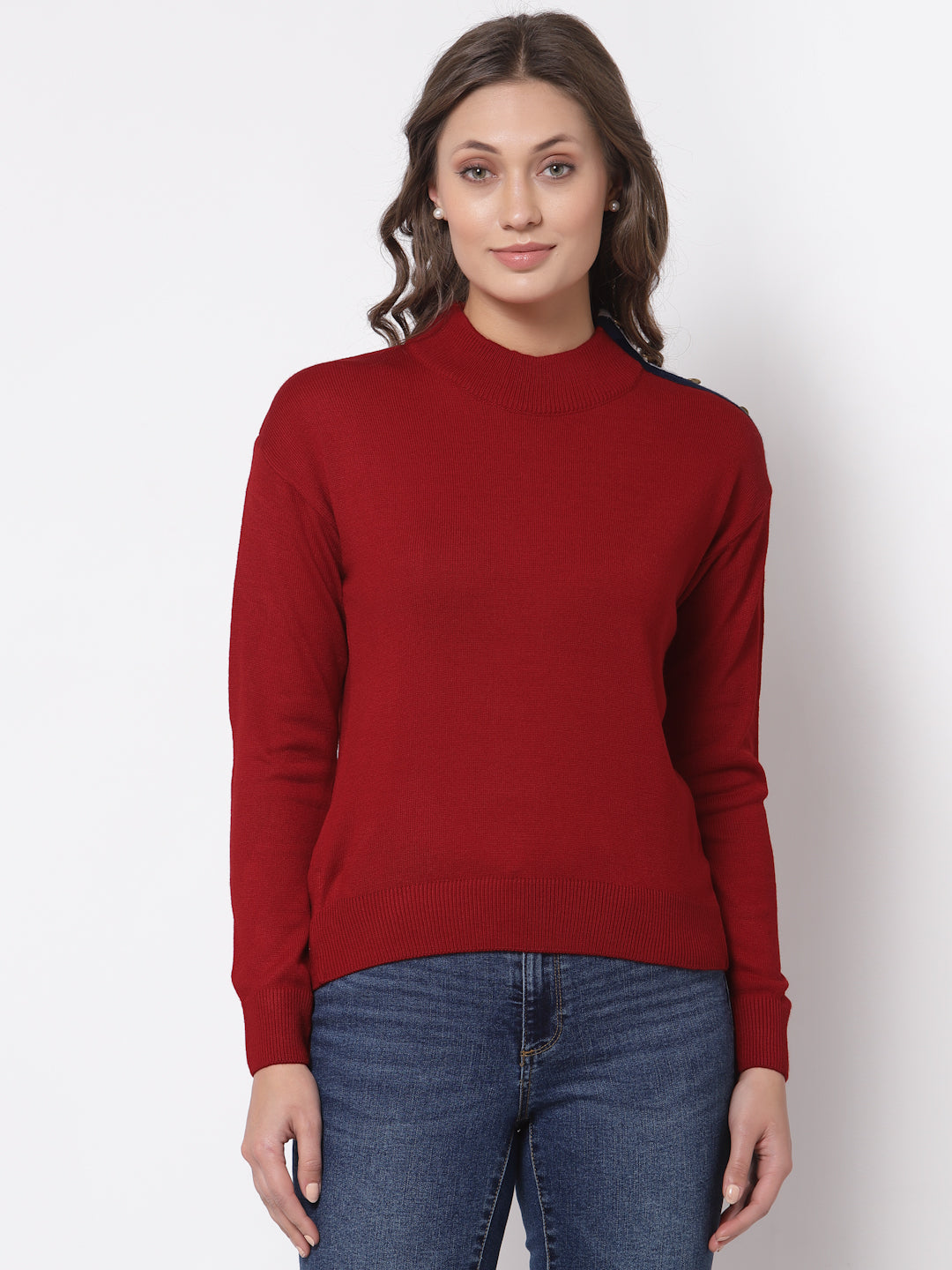 Red  Solid Round Neck Sweater
