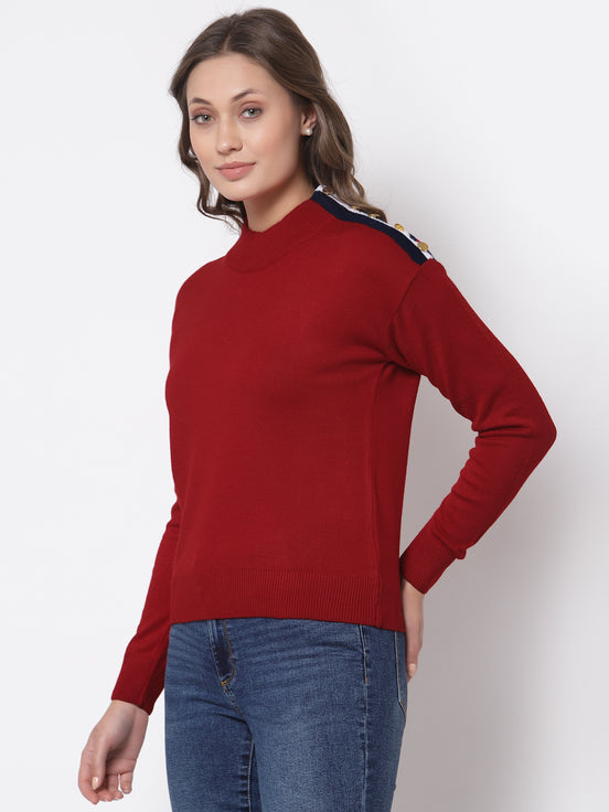 Red  Solid Round Neck Sweater