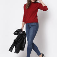 Red  Solid Round Neck Sweater