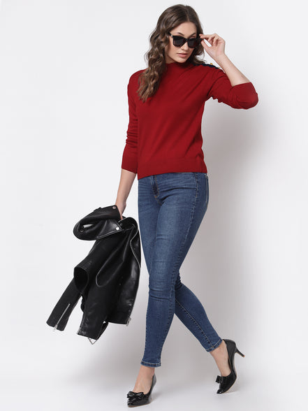 Red  Solid Round Neck Sweater