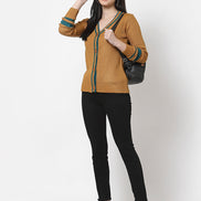Mustard  V-Neck Self Design Cardigan