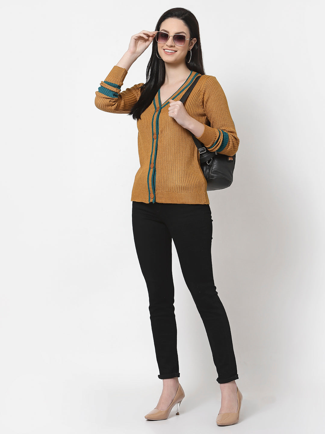 Mustard  V-Neck Self Design Cardigan