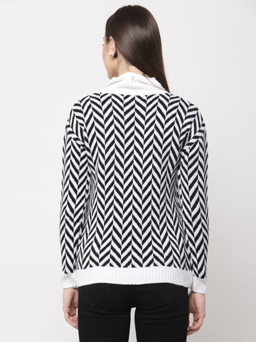 White Self Design High Neck Pullover