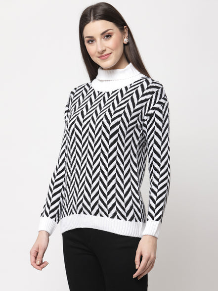 White Self Design High Neck Pullover