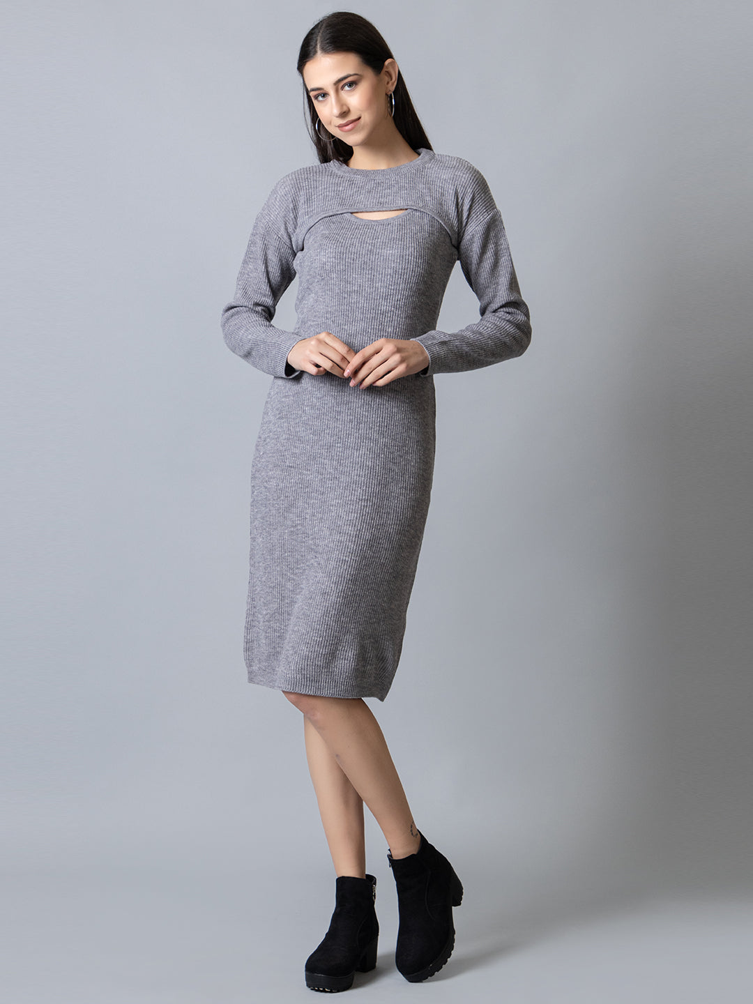 Grey Melange Round Neck Dress