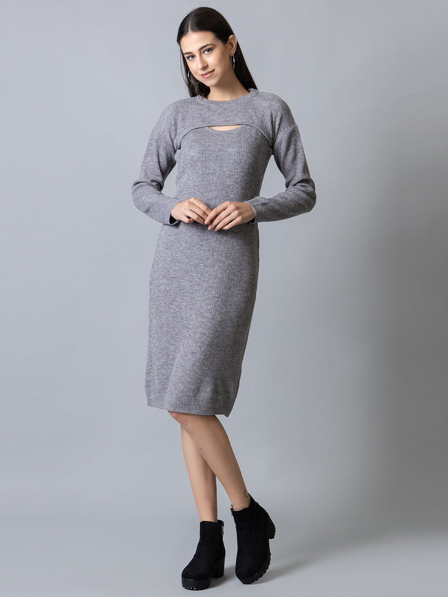 Grey Melange Round Neck Dress