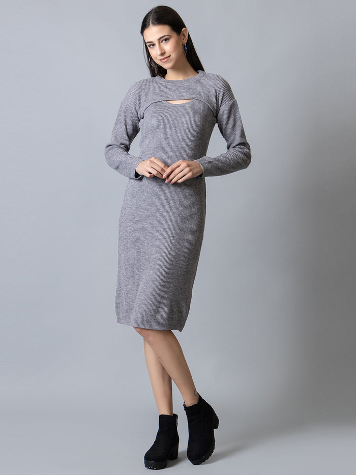 Grey Melange Round Neck Dress